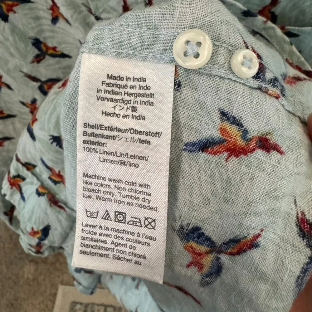 J.Crew 100% Linen Parrot Print Short Sleeve Button Down Shirt Men’s M Tropical